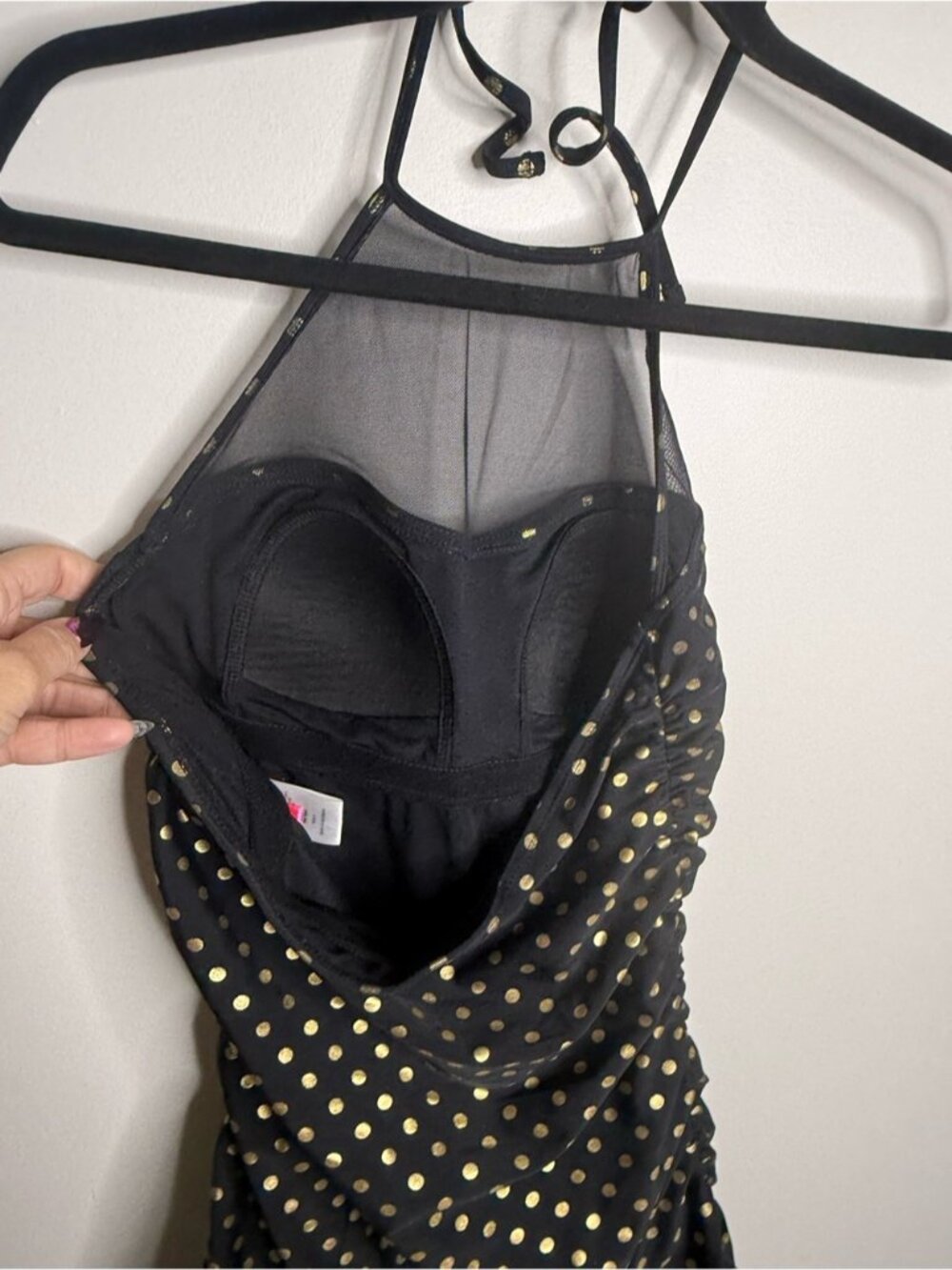 Betsey Johnson Black Halter one piece swimsuit with Gold Polka Dots size small - Picture 6 of 10